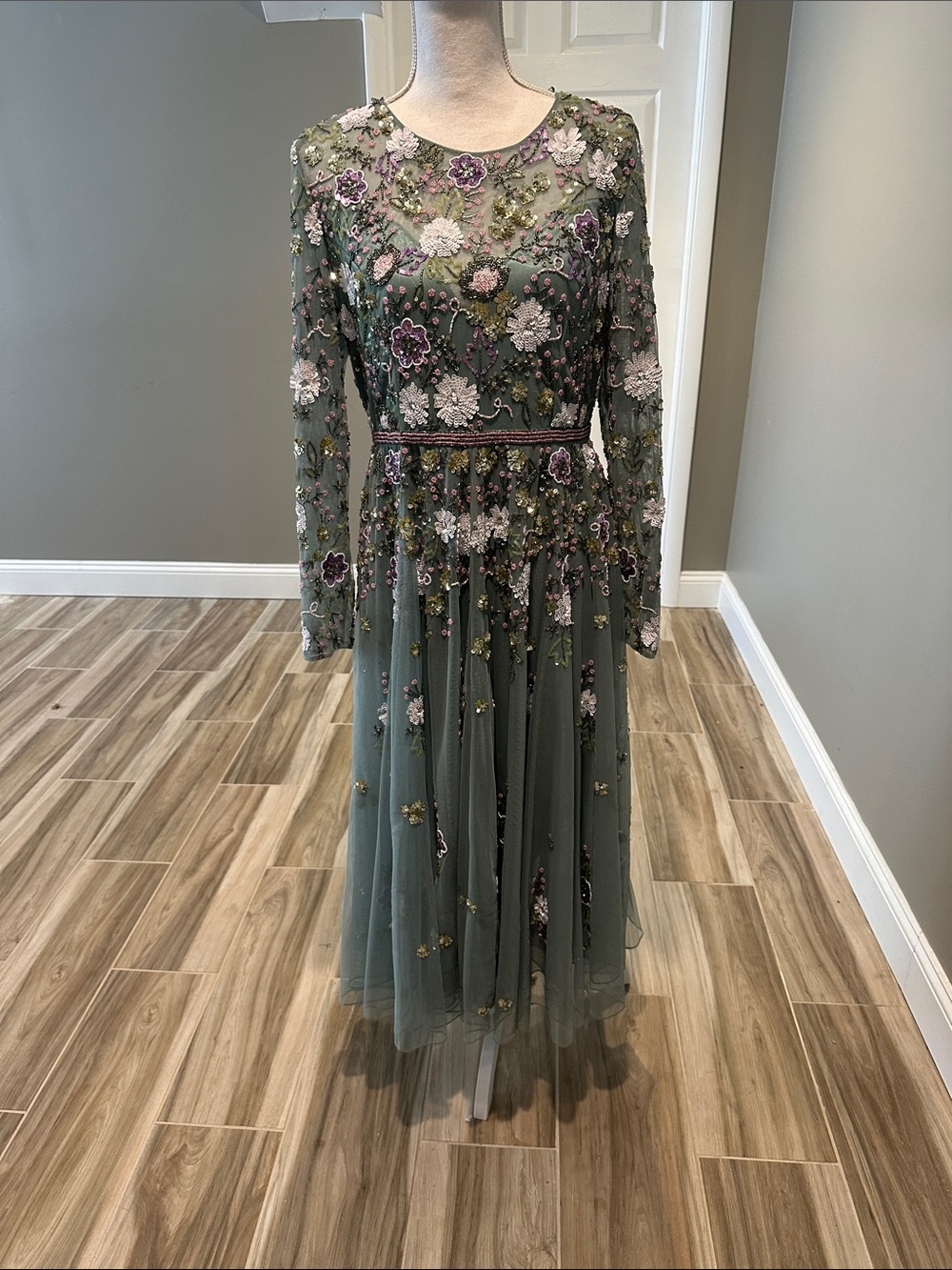 Mac Duggal Olive Green Embroidered Floral Long Sleeve Wedding Dress